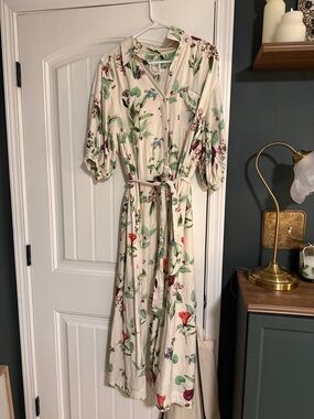Maeve Anthropologie Floral Button-Front Linen  Cream Maxi Dress with Tie Waist